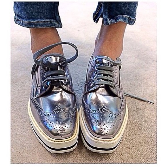 Prada Metallic Silver Leather Platform Brogue Derby Oxfords 23cm Cyberpunk Space - Picture 2 of 11